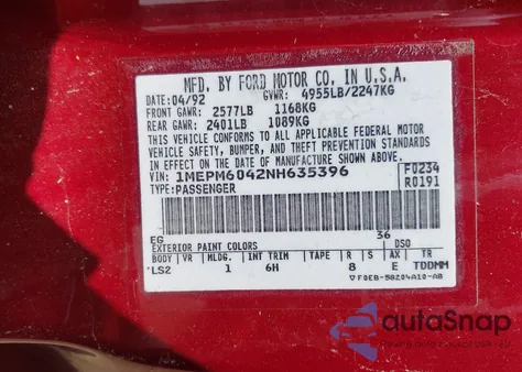 1992 Mercury Cougar Ls из США, поврежденный, VIN 1MEPM6042NH635396